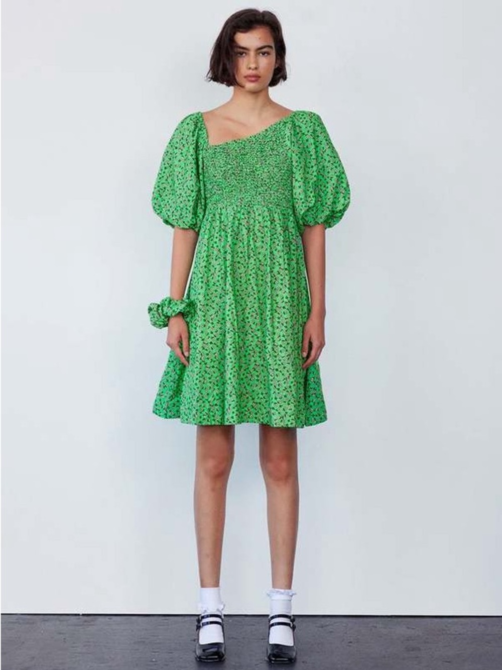 Damson Madder Adelaide Mini Dress Size 8 Green Floral Organic Cotton